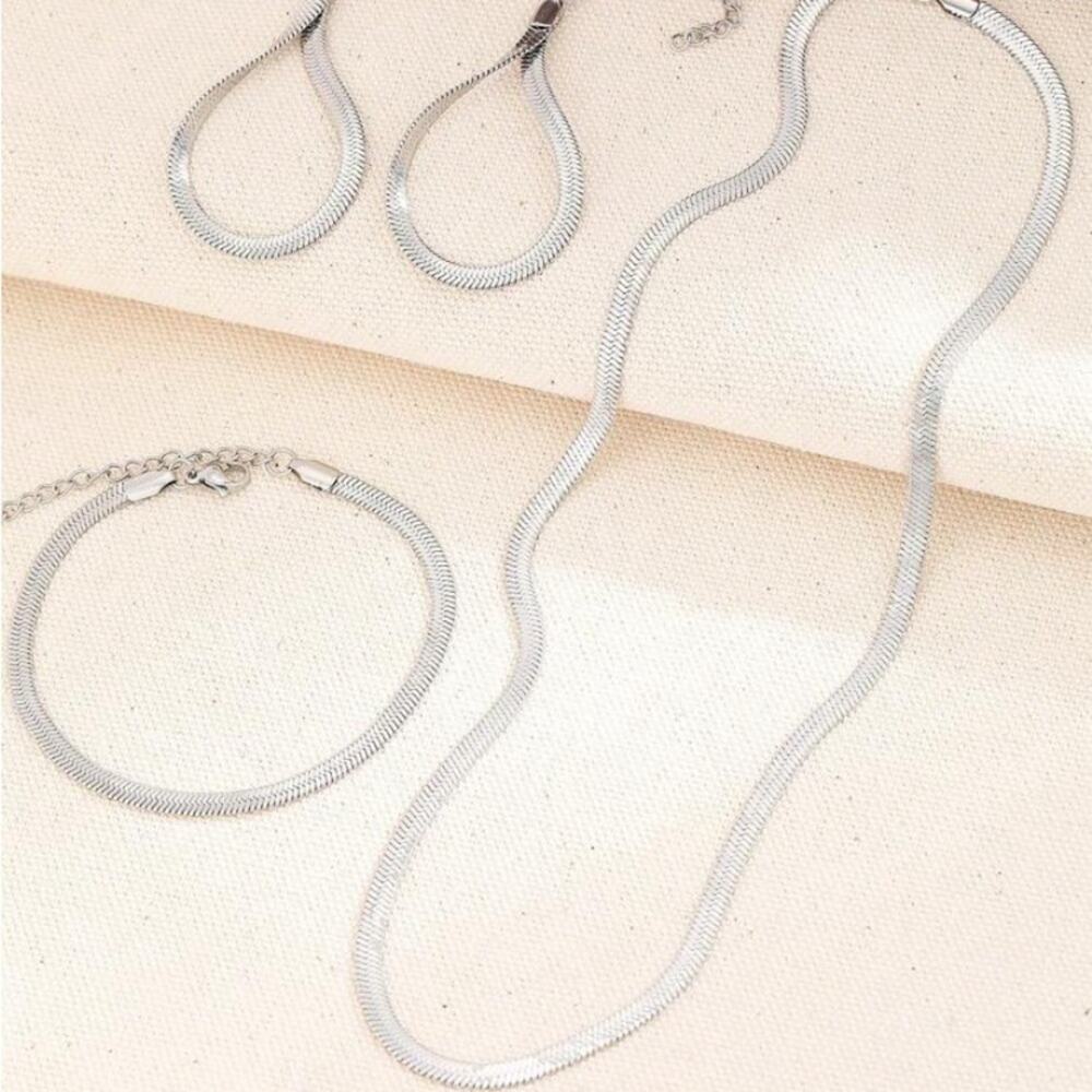 Sterling Silver Necklace Earrings Bracelet Set, Three piece Herringbone Set - Picture 6 of 7
